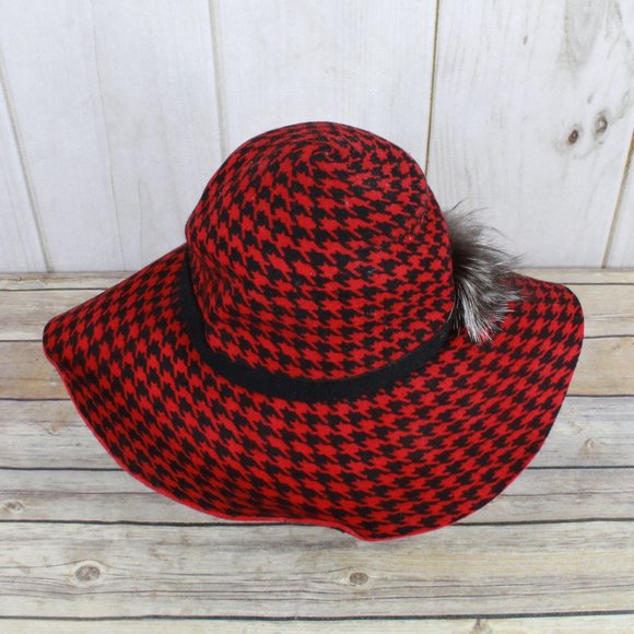 Something Special Red Houndstooth Wool Felt Soft Wide Brim Hat Size OS - Picture 6 of 9